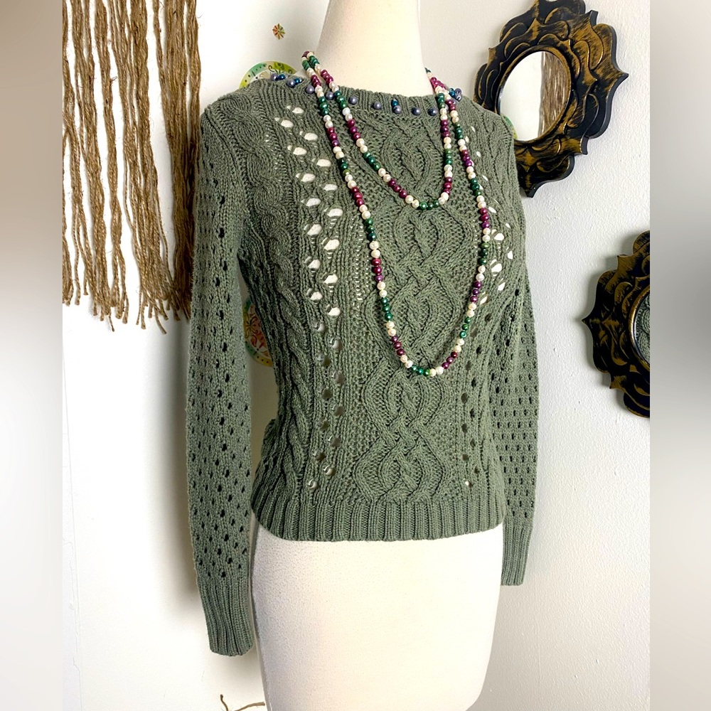 Caslon olive green holiday sweater hand beaded collar variety of knit size XS